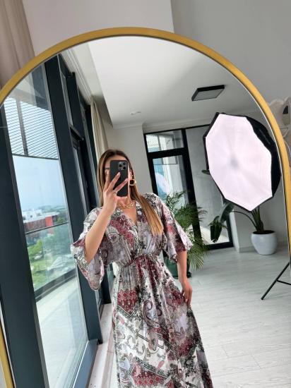 Şal Desenli Kruvaze Yaka Pamuklu Viskon Kumaş Elbise