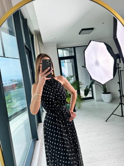 Siyah Puantiyeli Astarlı ince Piliseli Halter Yaka şifon Elbise