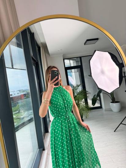 Yeşil Puantiyeli Astarlı ince Piliseli Halter Yaka şifon Elbise