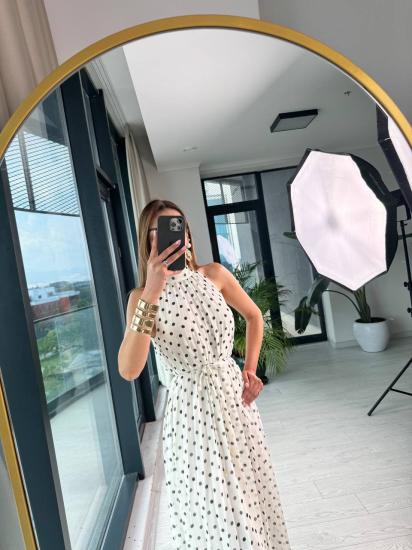 Beyaz  Puantiyeli Astarlı ince Piliseli Halter Yaka şifon Elbise