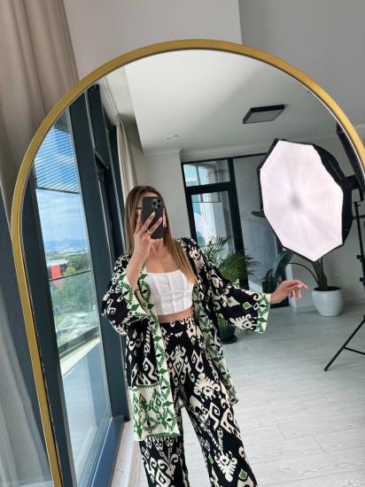 Siyah Yeşil Pamuklu Viskon Pantolon Kimono Tiril Takım