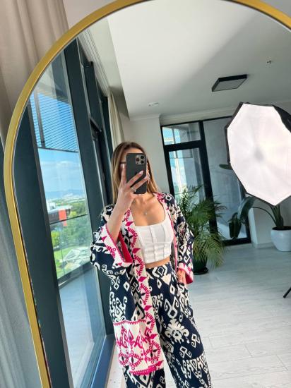 Lacivert Pembe Pamuklu Viskon Pantolon Kimono Tiril Takım