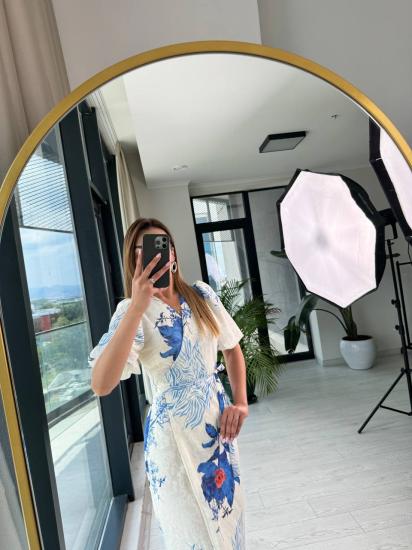 Mavi Desenli Pamuklu Kumaş Astarlı Anvelop Elbise