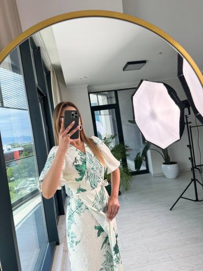 Yeşil Desenli Pamuklu Kumaş Astarlı Anvelop Elbise