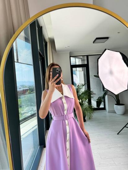 Lila inci Taş Düğme Detaylı Lüks Kalite Kemerli Kloş Elbise