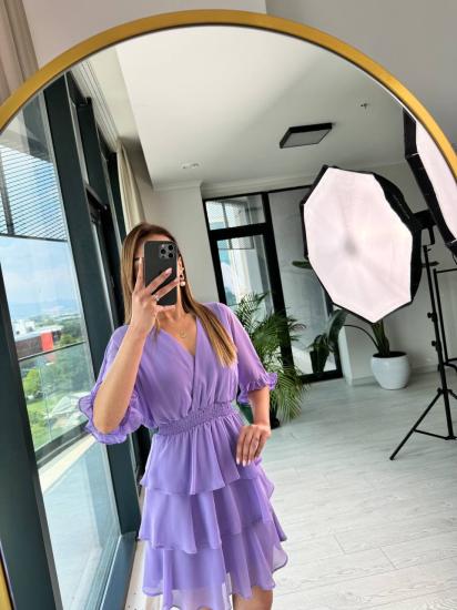 Lila Şifon Astarlı Eteği Kat Kat Elbise