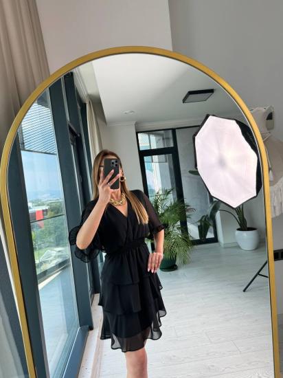 Siyah Şifon Astarlı Eteği Kat Kat Elbise