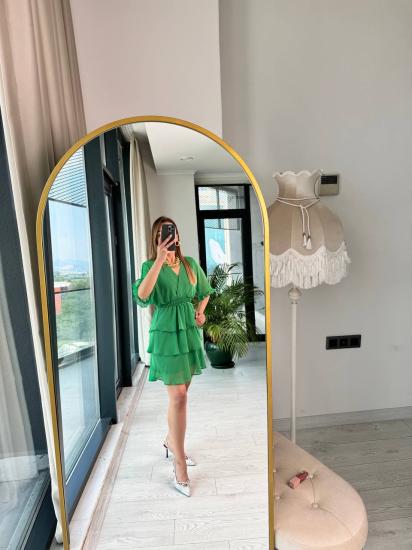 Yeşil Şifon Astarlı Eteği Kat Kat Elbise