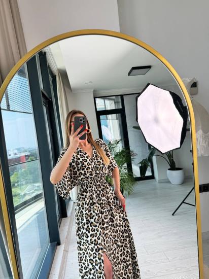 Leopar Desen Yırtmaç Detaylı Pamuklu Viskon Kumaş Elbise