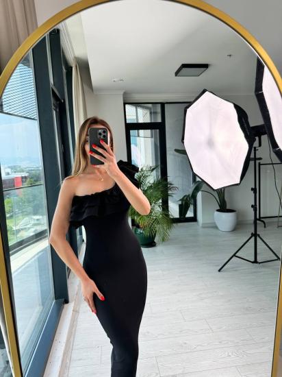 Siyah Tek Kol Detay Tok Dokulu Ottoman Kumaş Kalem Elbise