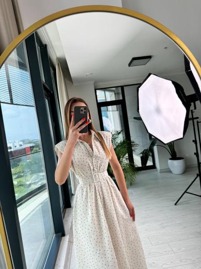 Puantiye Desenli Astarlı Kemerli Keten Gömlek Elbise