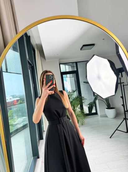 Siyah Kemerli Cepli Atlas Kumaş Elbise