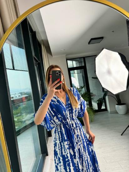 Mavi Desenli Ön Arka v Yaka Pamuklu Viskon Elbise