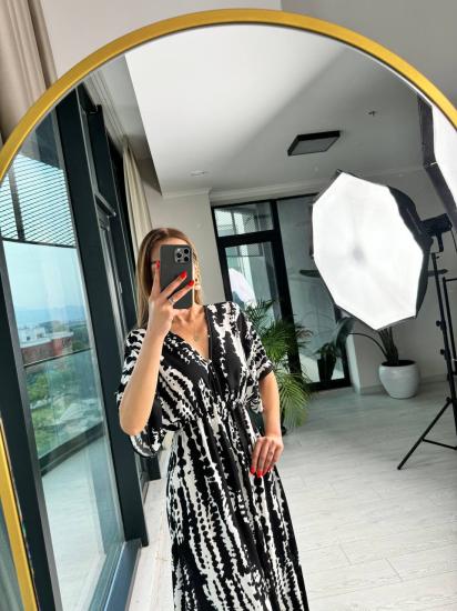 Siyah Desenli Ön Arka v Yaka Pamuklu Viskon Elbise