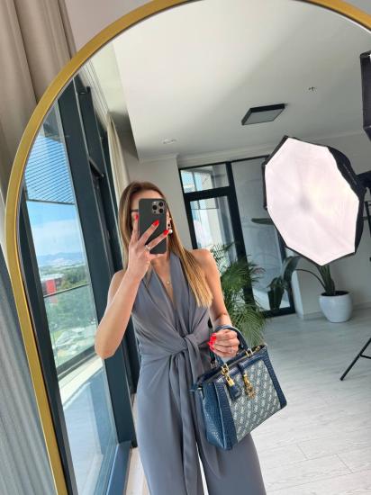 Tasarım Gri Zara Krep  Kumaş Bağlamalı Tulum