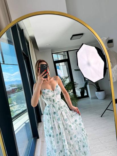 Yeşil Yaprak Desenli Astarlı Şifon Elbise