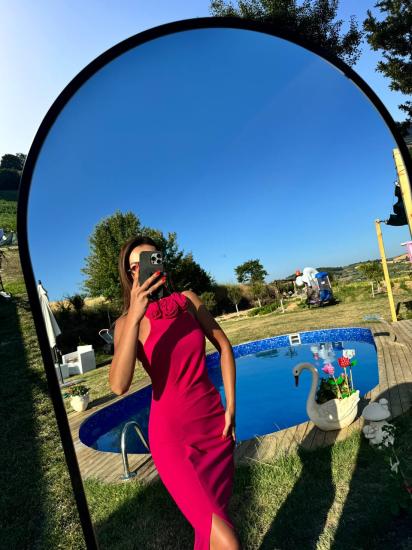 Fuşya Gül Detaylı Halter Yaka Tok Krep Kumaş Elbise