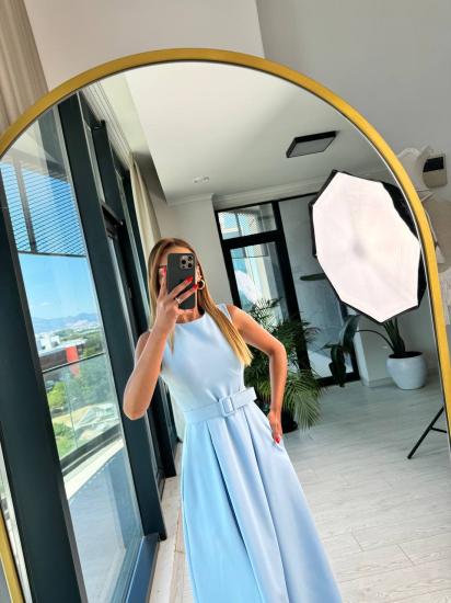 Bebe Mavi Kemerli Cepli Atlas Kumaş Elbise