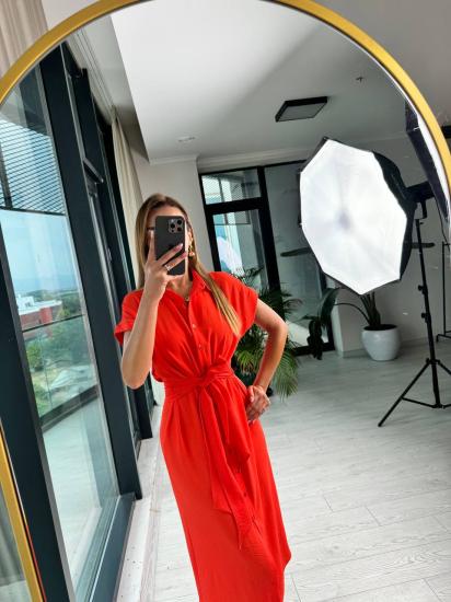 Orange  Zara Model Bel Kuşaklı Keten Aerobin Kumaş Gömlek Elbise