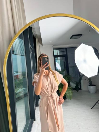 Bej Zara Model Bel Kuşaklı Keten Aerobin Kumaş Gömlek Elbise