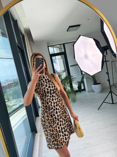 Leopar Desen Krep Kumaş Elbise