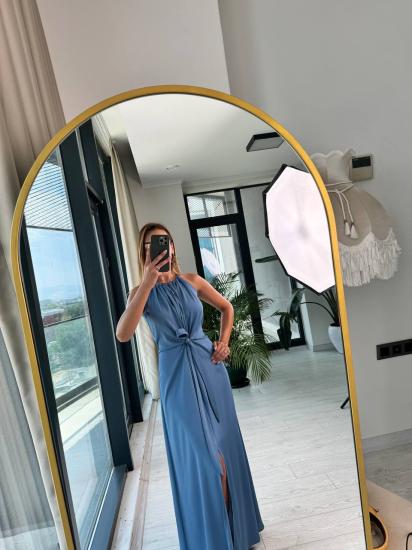 Tasarım İndigo İpek Saten Yırtmaç Detaylı Elbise