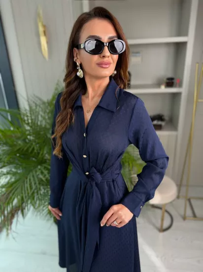 Lacivert Bel Bağlama Detaylı Lüks Şifon Elbise