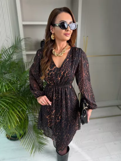 Leopar Desen Bel Bağlamalı Şifon Elbise
