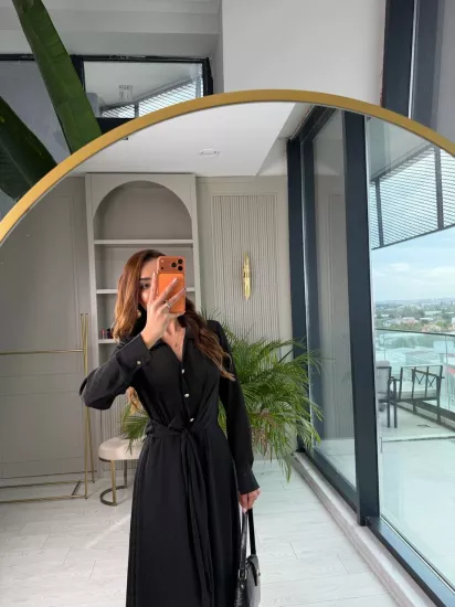 Siyah Bel Bağlama Detaylı Lüks Şifon Elbise