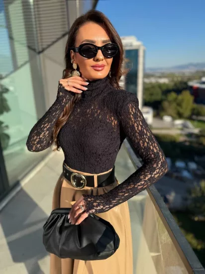 Camel-Siyah Kemerli Etek Kısmı Deri Elbise