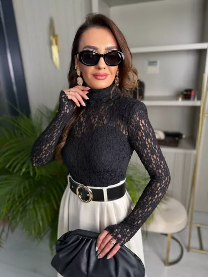 Bej - Siyah Kemerli Etek Kısmı Deri Elbise