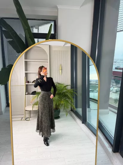 Haki Siyah Desenli Astarlı Şifon Etek