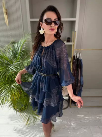 Lacivert Desenli Eteği Katlı Astarlı Kemerli Premium Şifon Elbise