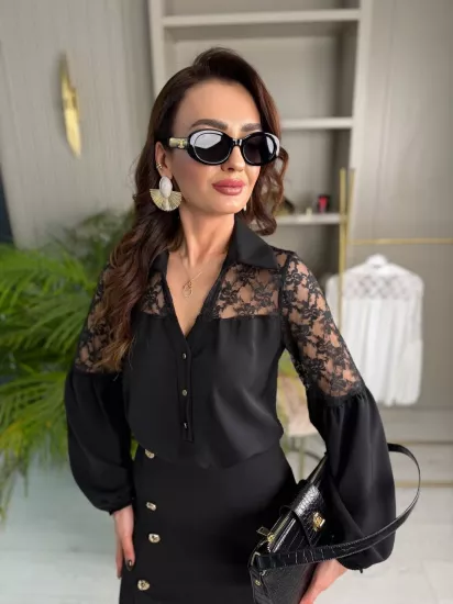 Siyah Dantel Detaylı Lüks Krep Kumaş Bluz