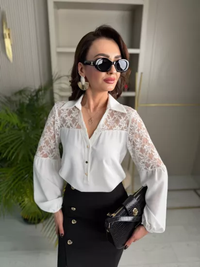 Beyaz Dantel Detaylı Lüks Krep Kumaş Bluz