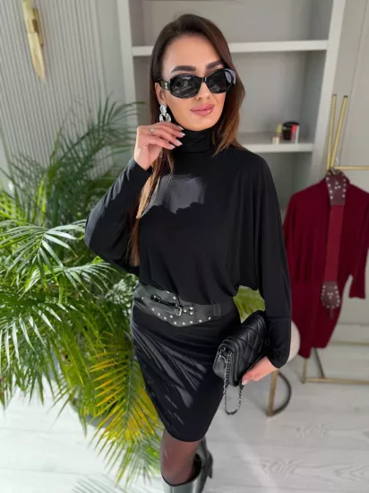 Siyah Kemerli Astarlı Yarasa Kol Elbise