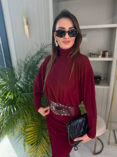 Bordo Kemerli Astarlı Yarasa Kol Elbise