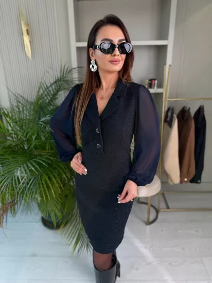 Lacivert Kolu Şifon Ceket Yaka Tuvid Elbis