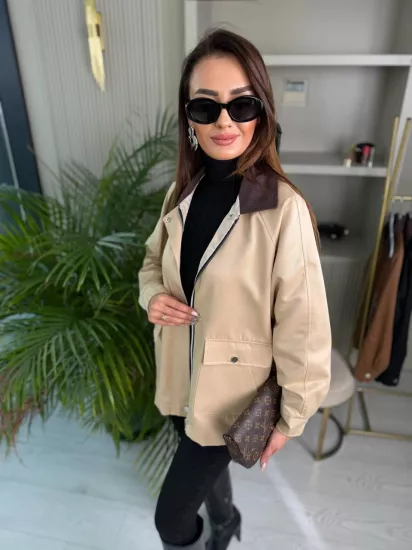 Bej Rengi Astarlı Fitilli Yaka Ceket