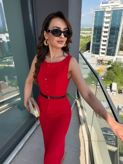 Kırmızı Kemerli Double Krep Kumaş Elbise