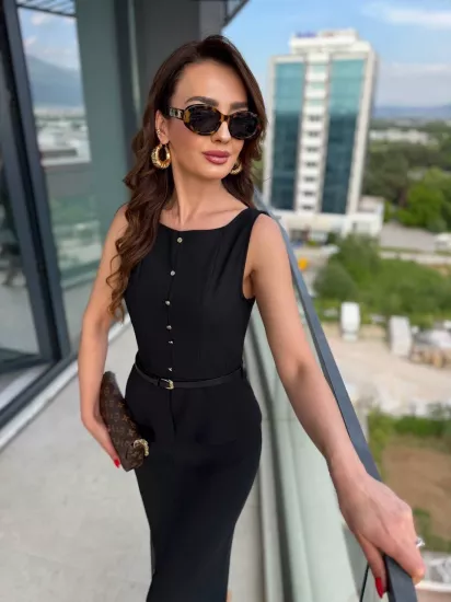 Siyah Kemerli Double Krep Kumaş Elbise