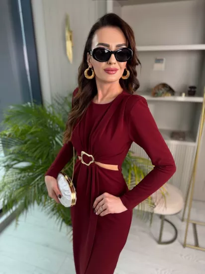 Bordo Bel Detay Zara Model Krep Kumaş Elbise