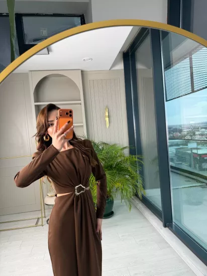 Kahverengi Bel Detay Zara Model Krep Kumaş Elbise