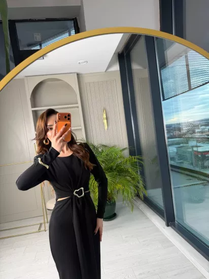 Siyah Bel Detay Zara Model Krep Kumaş Elbise