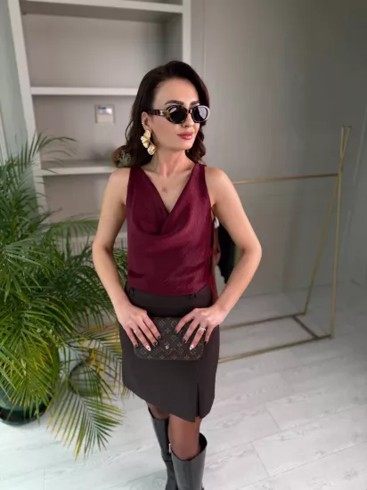 Bordo Lüks Kalite Degaje Yaka Kolsuz Bluz