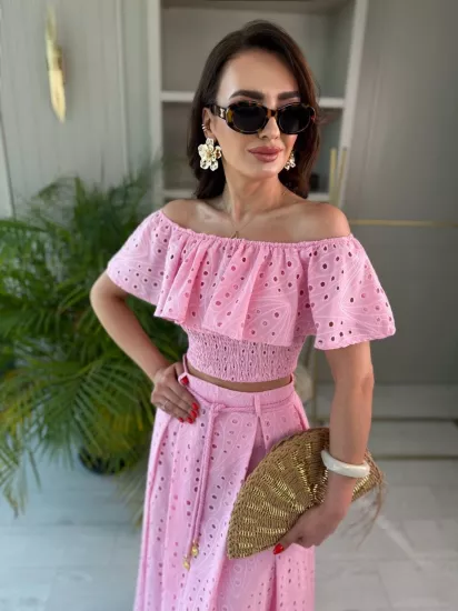 Pembe Astarlı %100 Pamuklu Lüks Kalite Fisto Etek Bluz Takım