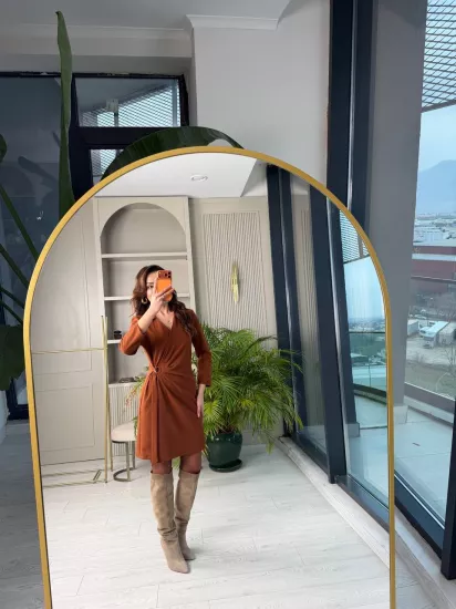 Tarçın Taba Kruvaze Bel Detaylı Double Krep Kumaş Elbise