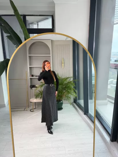 Siyah Puantiye Desenli Beli Lastikli Tok Pamuklu Saten Etek