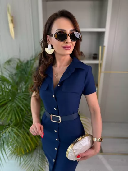 Lacivert Kemerli Zara Model Double Kumaş Elbise