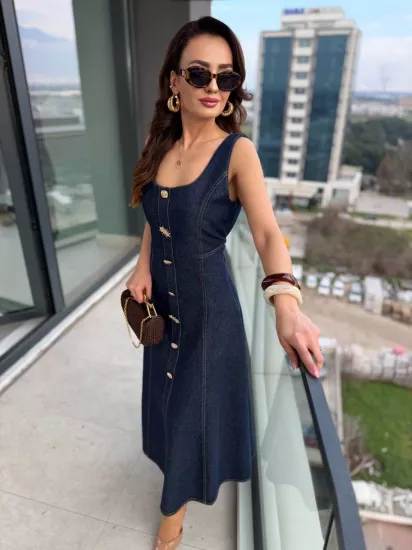 Tasarım Düğmeli Çan Kesim Premium Jean Elbise